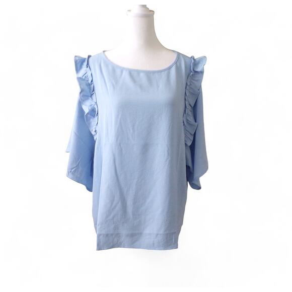 Source Unknown Tops - Light Blue Blouse Ruffle Detail 100% Polyester Size XL